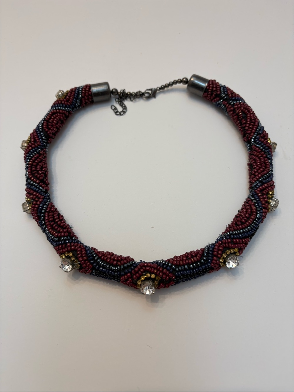 Beaded Burgundy and Navy Crystal Accent Choker Necklace
